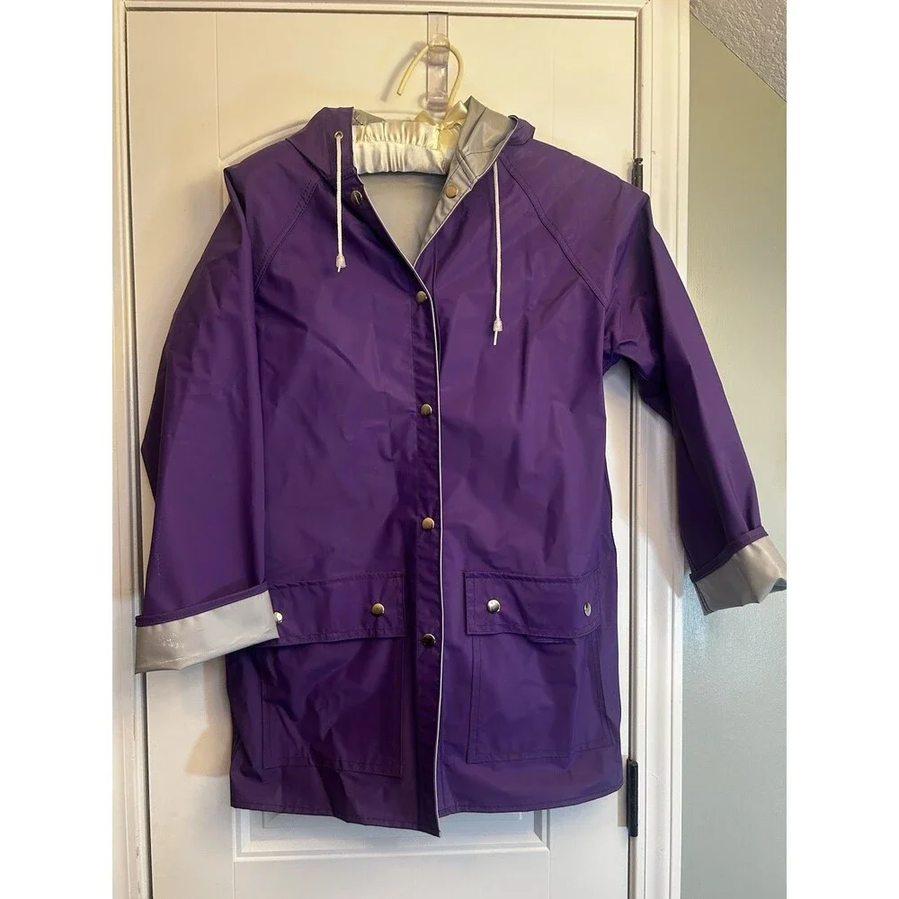 The Slicker Purple Reversible Hooded Raincoat Waterproof Vinyl Womens M Coat EUC - Picture 2 of 13